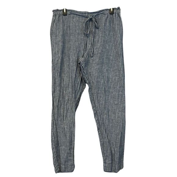 BEACH LUNCH LOUNGE Paperbag Pants Women's Large Blue White Striped Linen Blend - Picture 1 of 13